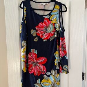 Trina Turk Navy Cold-Shoulder Dress with Red & Yellow Floral Print